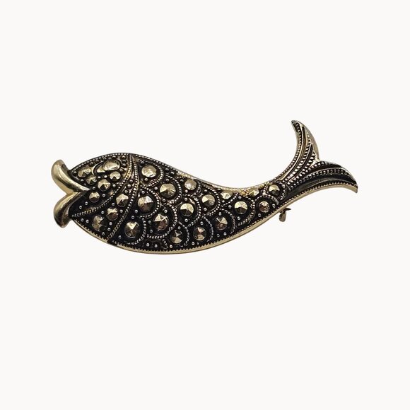 VTG Brooch Germany Made Retro Antique Style Faux Marcasite Gold/Black Tone Fish - Picture 1 of 12
